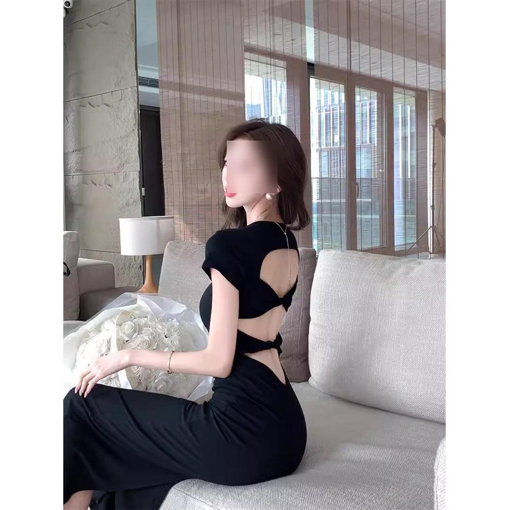 Hollow Backless Split Small Black Dress Women's Summer New Waist Thin Pear-shaped Super Body Dress