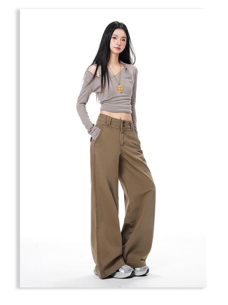 Women's 2025 Spring/Autumn Retro Loose Wide-Leg Jeans with Double Button Waistband
