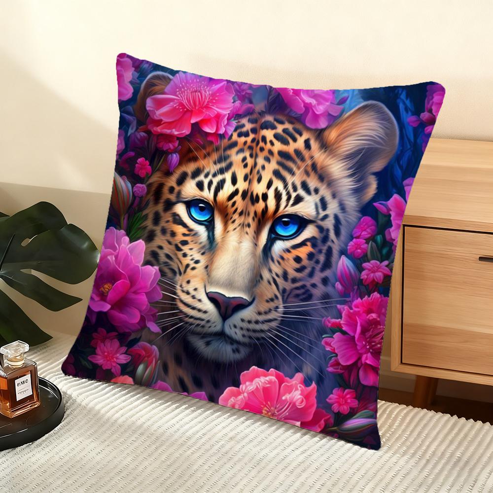 Leopard With Wreath Animals Cushion Cover Soft Short Plush Pillow Cover Smooth Cozy Texture Aesthetic Cushion Case Home Decor