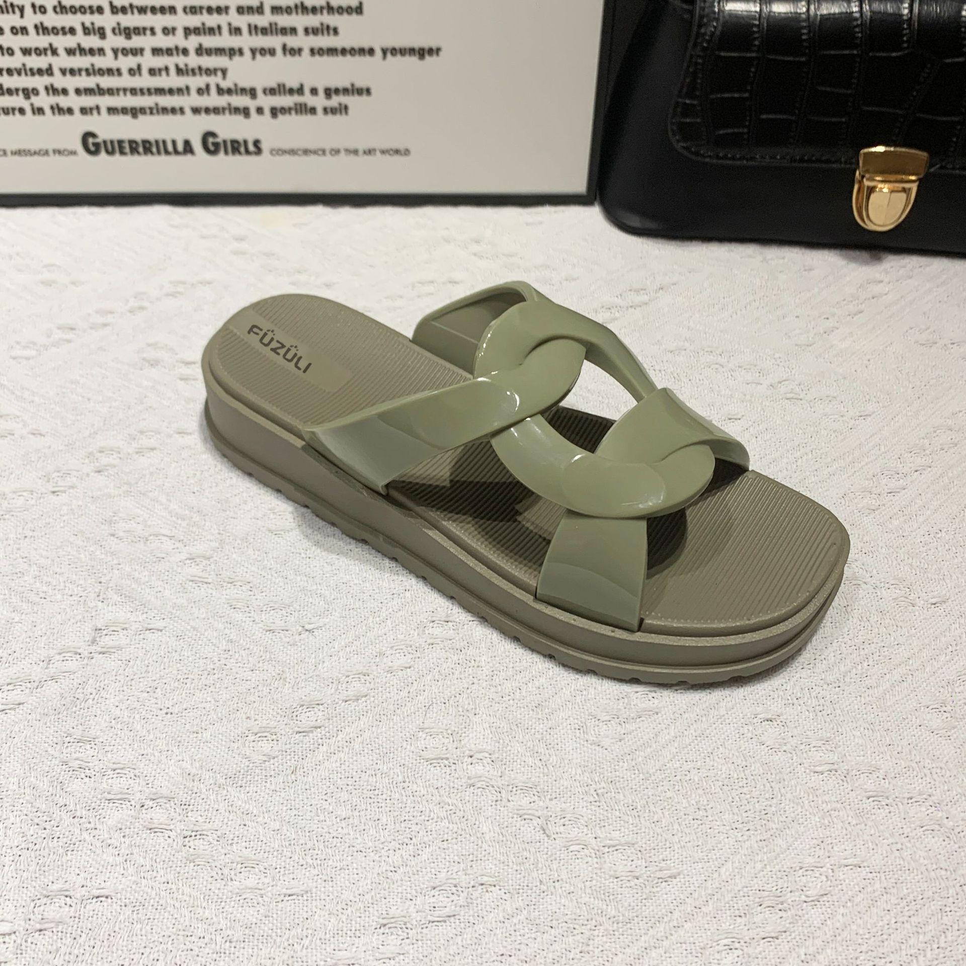 

Модные тапочки на толстой подошве, женская новая летняя одежда с круглым носком и открытым носком, для повседневного отдыха, для дома, в помещении, одно слово, перетаскивание 40 зелёный