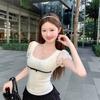 Korean Pure Desire Apricot Square Neck Bubble Short-sleeved T-shirt Women's Spring and Summer Lace Edge Slim-fitting and Thin Outer Top