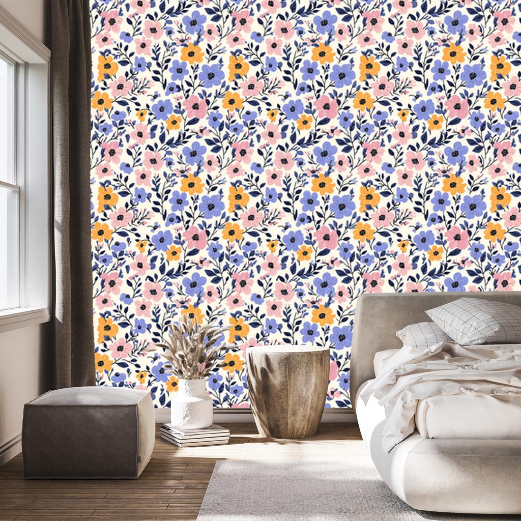 Wallpaper Flowers Blue and Light Gray for Living Room and Bedroom 50x1000