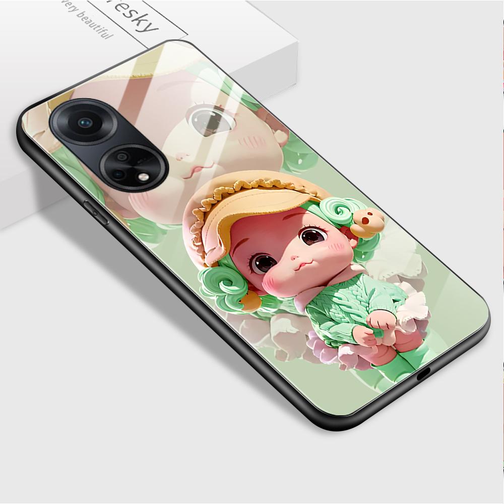 For OPPO A16 A16s A18 A38 A58 A78 A96 A98 Reno8T 10 Pro 12F Realme C30 C33 C63 C65 C67 Cute Cartoon Girl Shockproof Glossy Tempered Glass Phone Case
