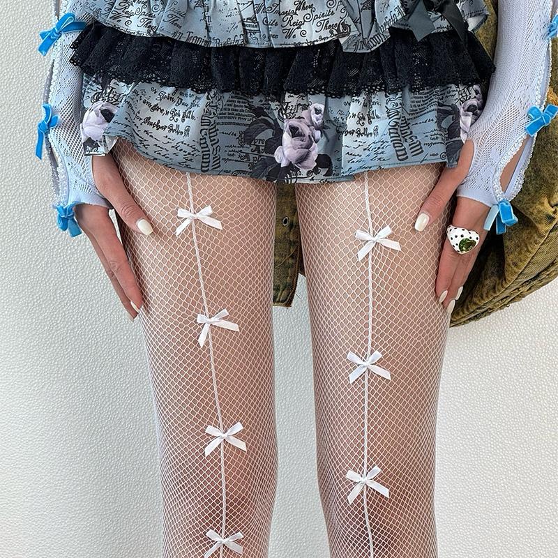 Sexy Crystal Line Fishnet Tights Women Bow Tie Patterned Tights Lace Fish Net Stockings High Waist Gothic Party Pantyhose