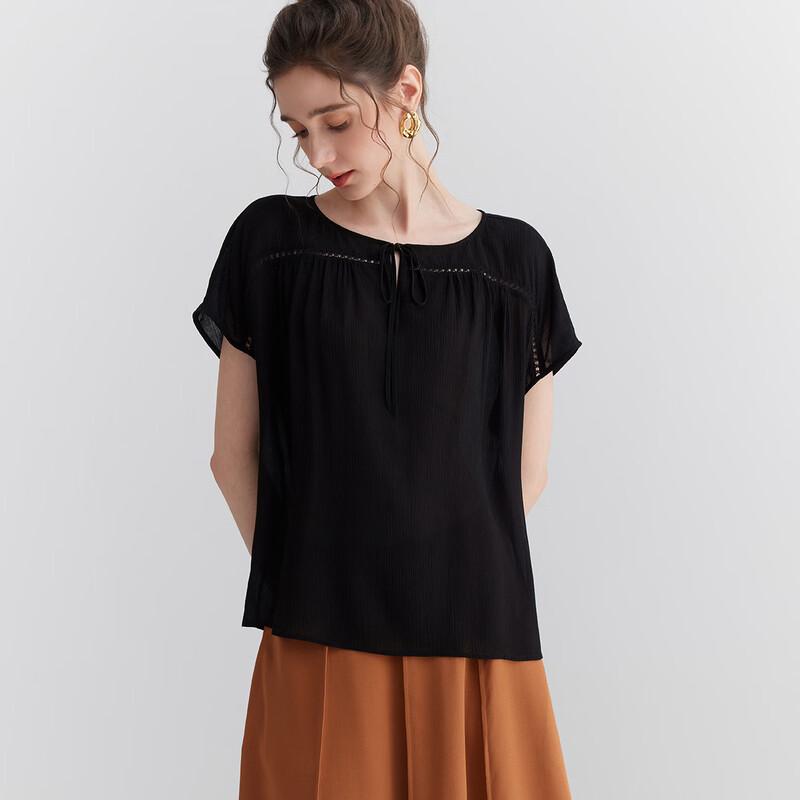 Snowforte Silk-Blend Pleated Short Sleeve Blouse L