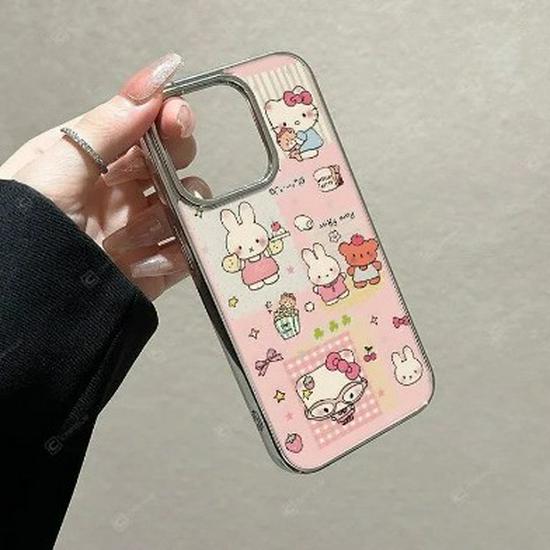 Electroplated Silver Frame Hello Kitty & Miffy Rabbit Case for Apple 17 Pro Max 16 Transparent 15 Simple 14/13 Pro