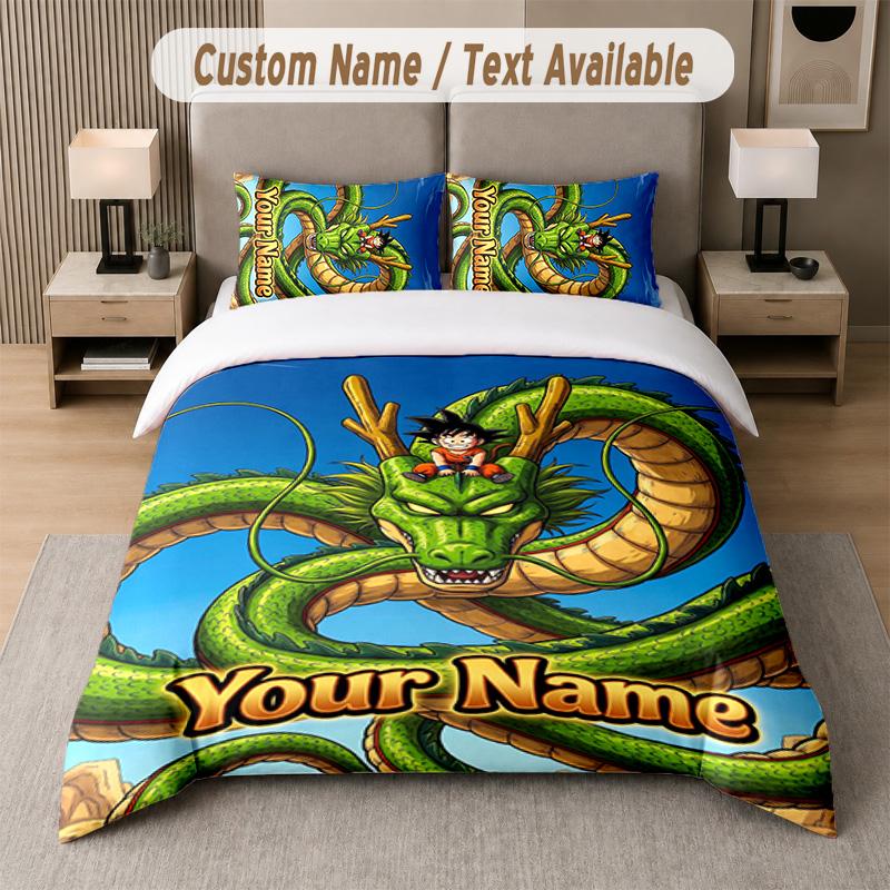 Dragon Ball 3Pcs Bedding Set, Personalized Custom Name Text, 1 Duvet Cover & 2 Pillowcases For Bedroom
