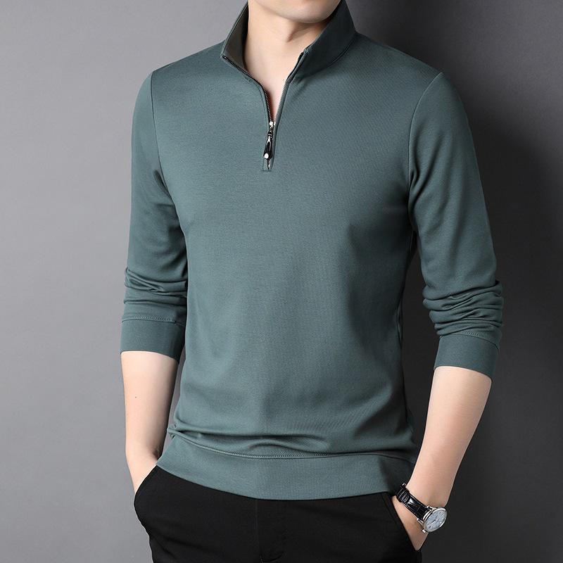 Men's Cotton Long-Sleeve Stand-Up Collar Zipper T-Shirt - Autumn Fashion Casual Solid Color