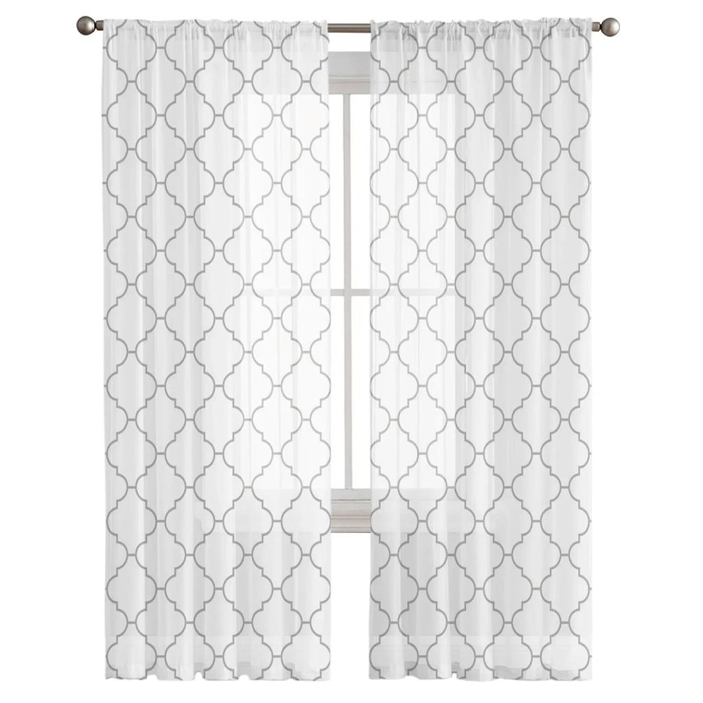 White Geometric Morocco Sheer Curtains Modern Voile Tulle Window Drapes for Living Room Bedroom Decor