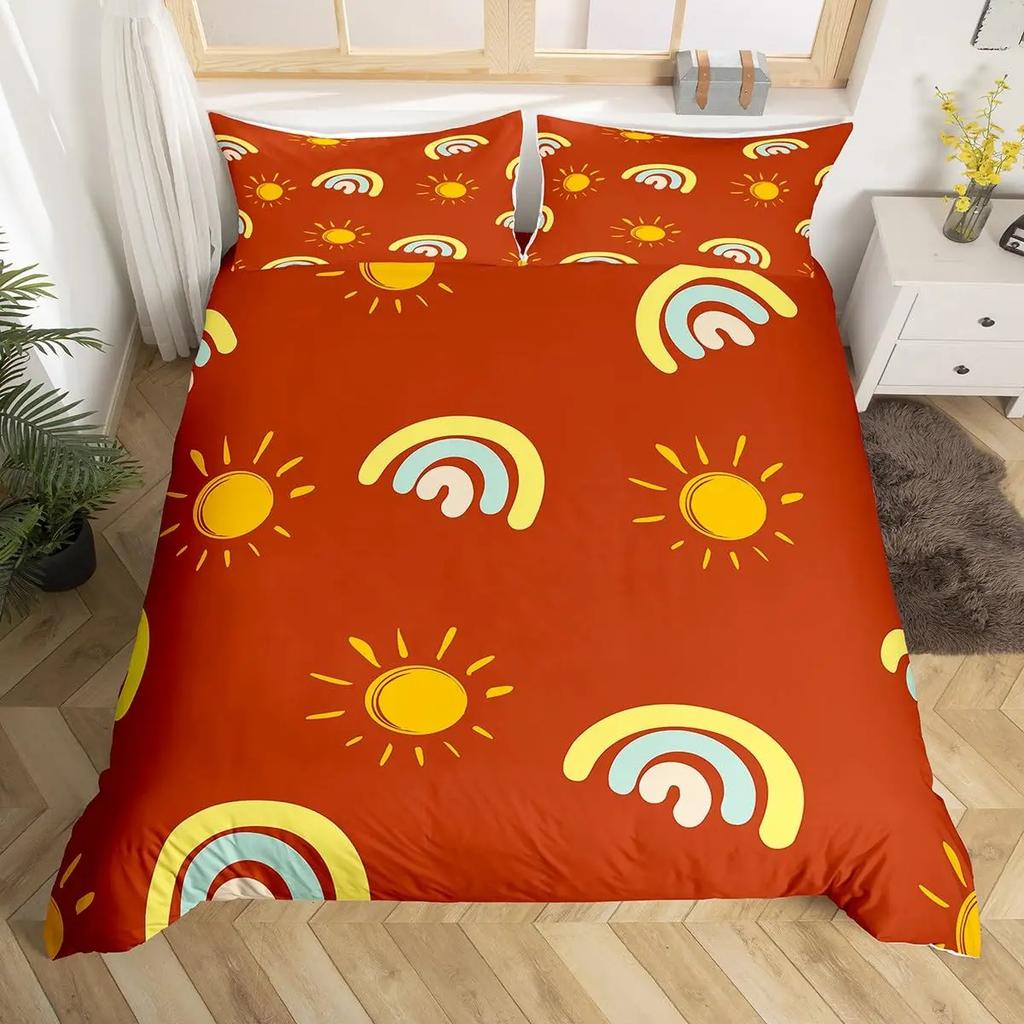 Cartoon Rainbow Sun Bedding Set For Girls Kids Bedroom Decor Comforter Cover Kawaii Art Duvet Cover Polyester Comforter Cover