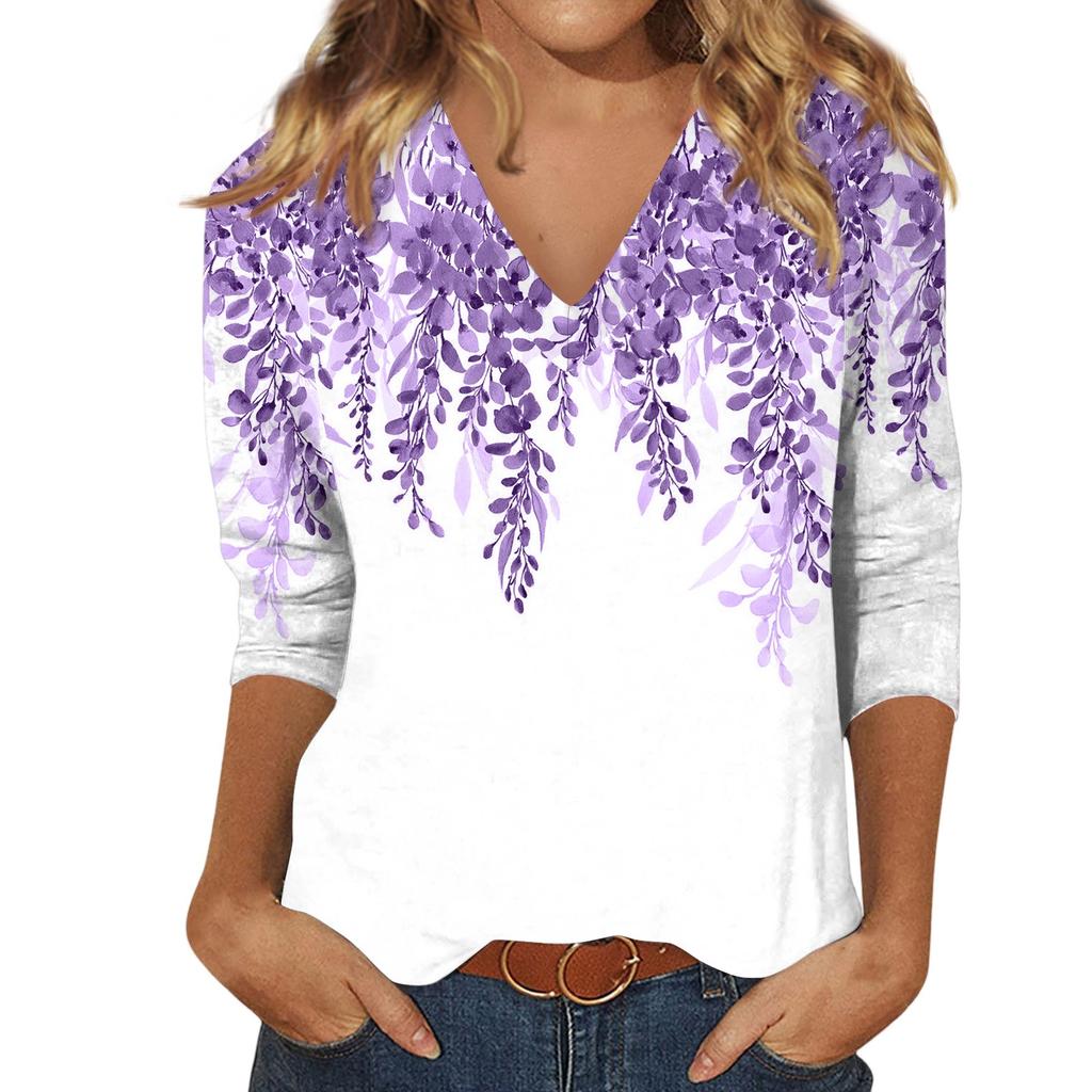 Women'S Casual And Fashionable Flower Printing V-Neck Top With Seven Quarter Sleeves Women'S Summer Clothes Top Mujer