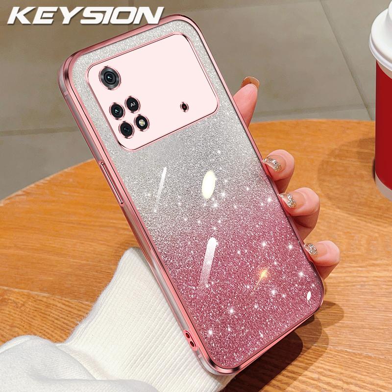 KEYSION Luxury Plating Glitter Phone Case for Xiaomi POCO M4 Pro 4G 5G Transparent Soft TPU Shockproof Back Cover for POCO M4 Pro 5G