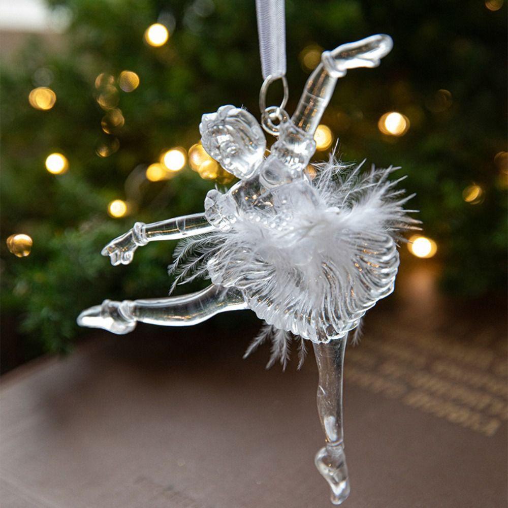 2pcs Acrylic Crystal Christmas Tree Pendant Angel/Dancing Girl Stereoscopic Xmas Tree Hanging Ornaments with Sequins Clear