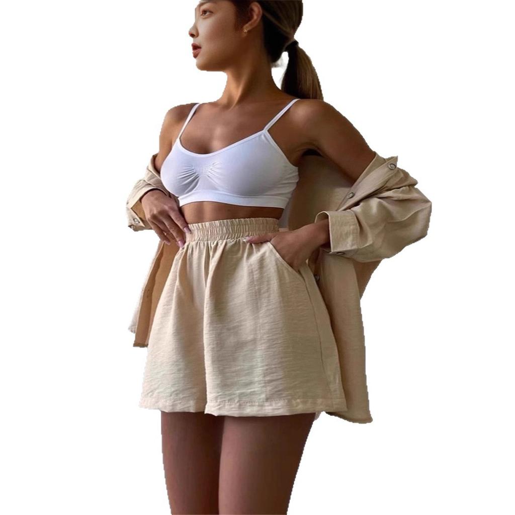 Moda primaverile europea e americana transfrontaliera set di camicia a tinta unita monopetto a maniche lunghe nuova ampia e pantaloncini casual
