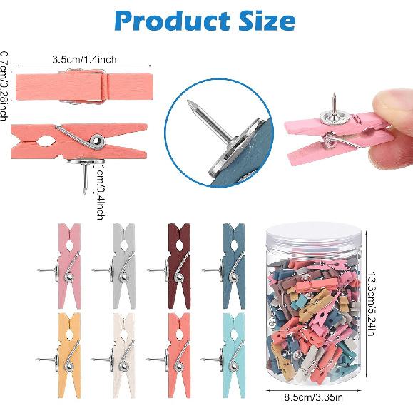 200 Pcs Push Pin Clips Bulk Wooden Clips with Tacks for Cork Board, Bulletin Board, Colorful Wood Clip with Push P for Classroom School Home Office