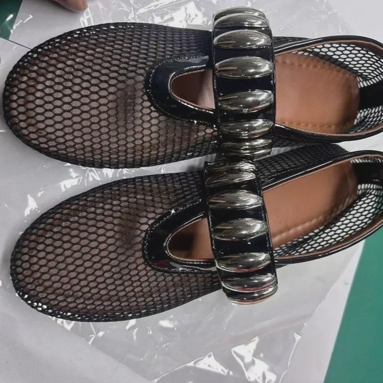 2024 European & American Round Head Mesh Buckle Wide Band Ballet Shoes: New Hollow Mary Jane Sandals