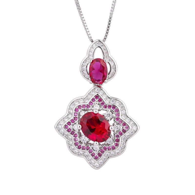 Simulation Red Corundum Necklace Flower Inlaid Sapphire Zircon Necklace Pendant Female