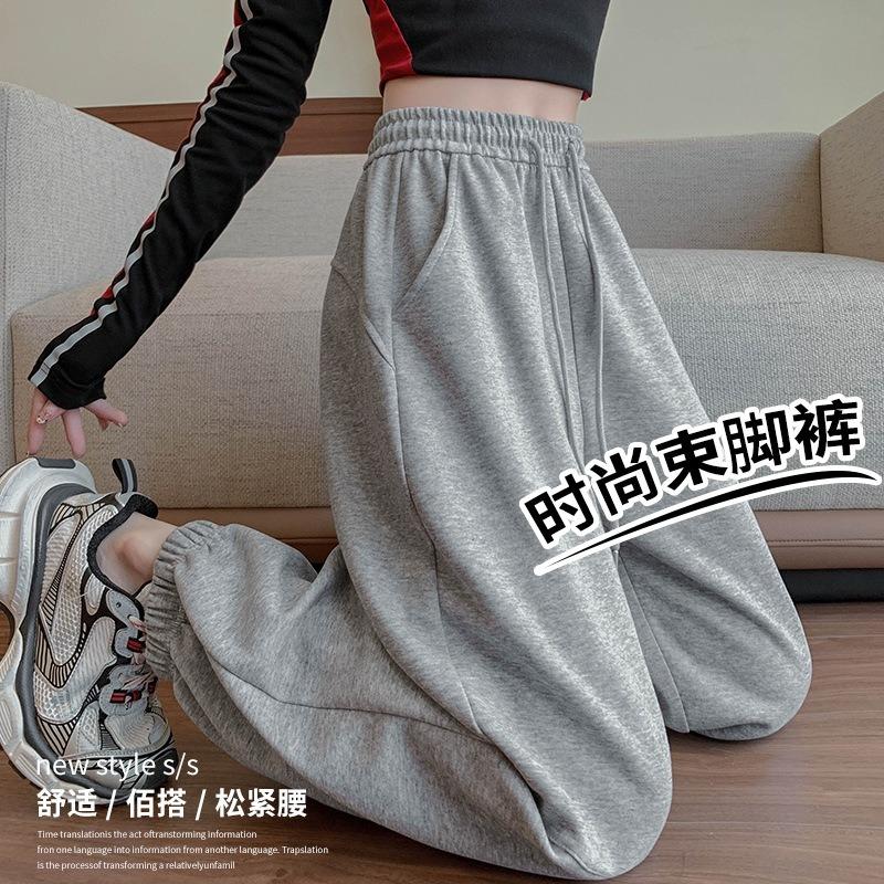 Tie-up Sweatpants Women's Spring and Autumn New Loose Velvet Wide-leg Pants Casual Straight Tooling Sweatpants