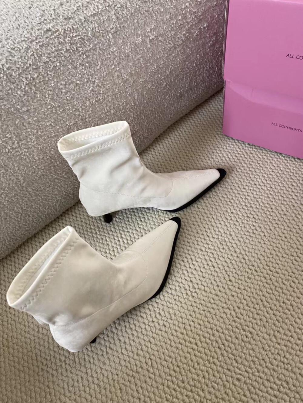 

мода Модные женские носки-сапоги с острым носком Chelsea Botas Тонкие средние каблуки Шелковые высококачественные Slio On Осенние весенние эластичные туфли для женщин 7.5 белый