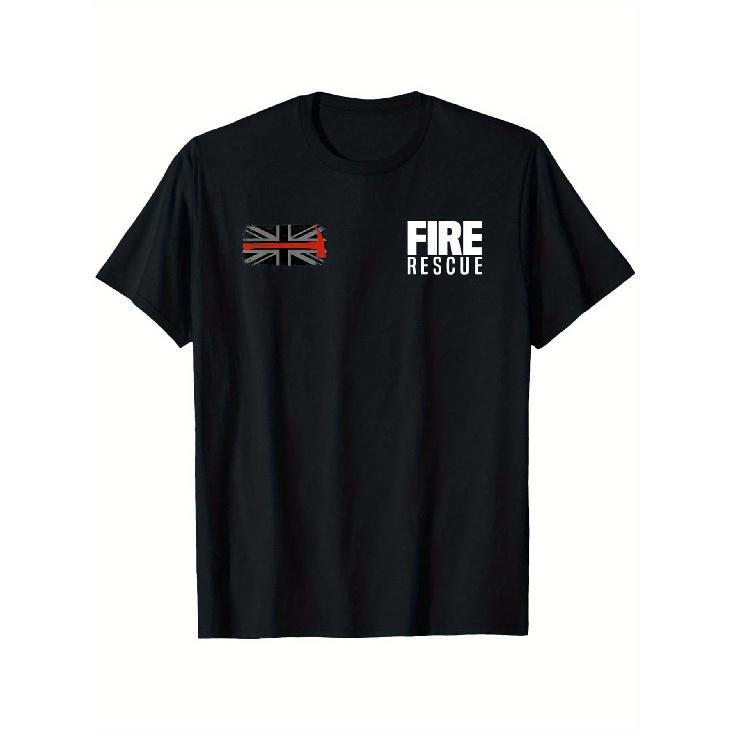 British Fire Rescue Department Fireman Uniform T-Shirt - 100% Black with White Fire Department Logo & Union Jack Flag Design, Casual Loose Fit Short S чёрный