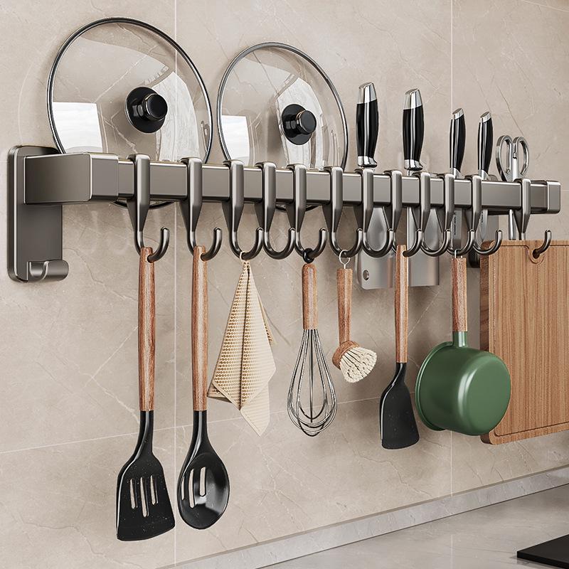 Gun Gray Kitchen Rail Hook Punch-Free Multi-Functional Organizer: Spoon, Spatula, Knife Holder with Hanging Hooks