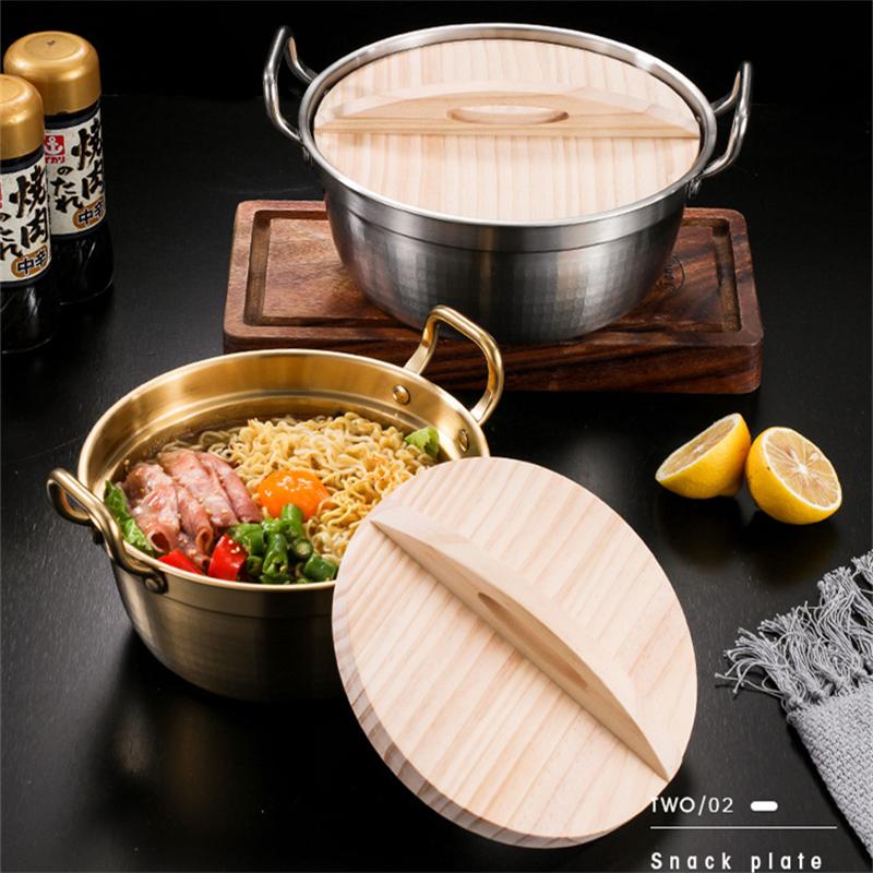 Korean Style Double Ear Stew Pots with Wooden Lid Stainless Steel Saucepan Ramen Pot Kitchen Cookware for Gas Induction Cooker