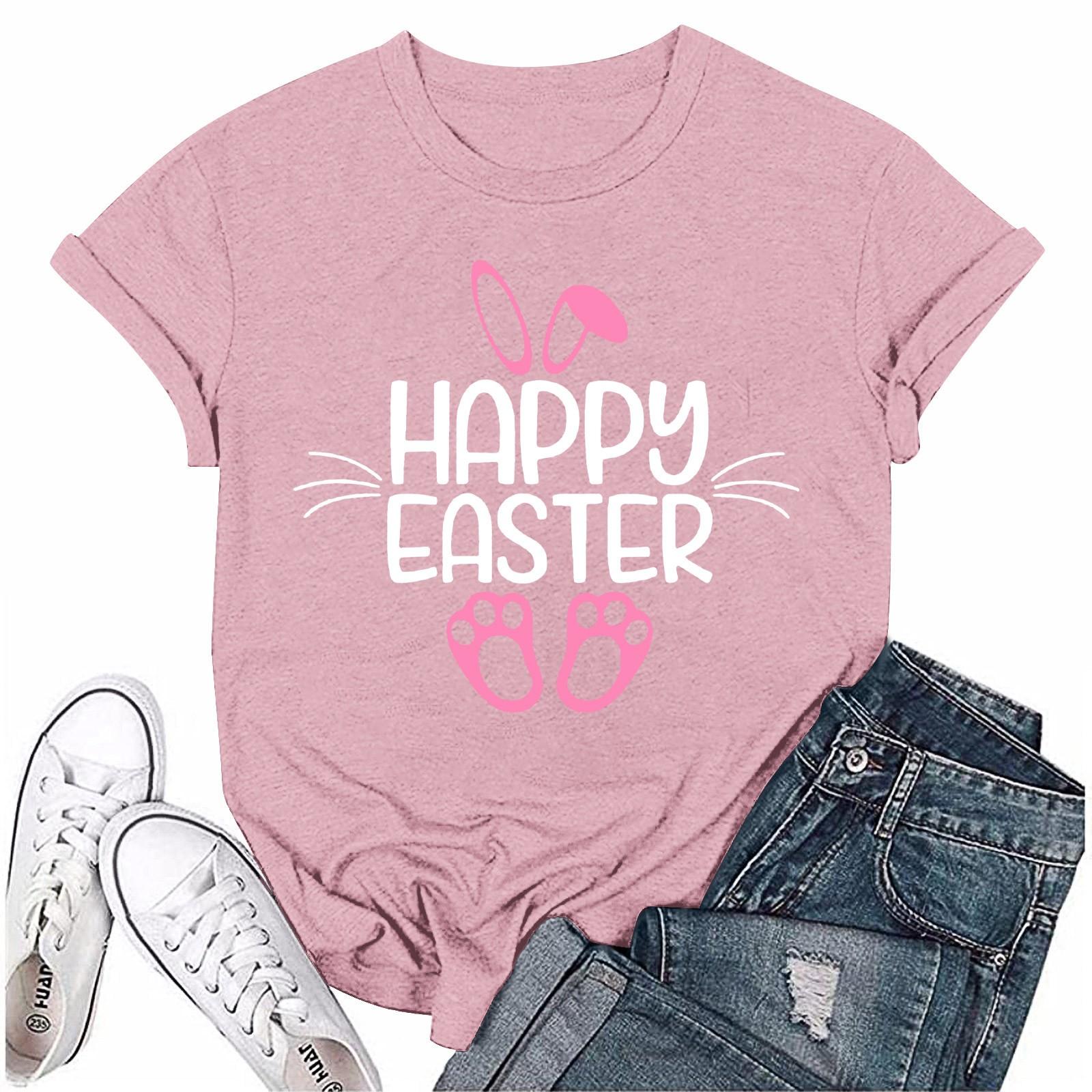 

Жіноча Мода Великодній Принт Повсякденна Плісирована Футболка Топ з Круглим Коротким Рукавом XL рожевий