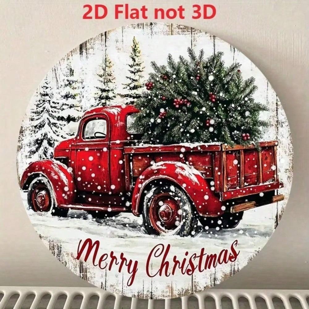 Vintage Red Truck Christmas Metal Sign 8x8 Inch Rustic Tin Wall Art Home Decor Farmhouse