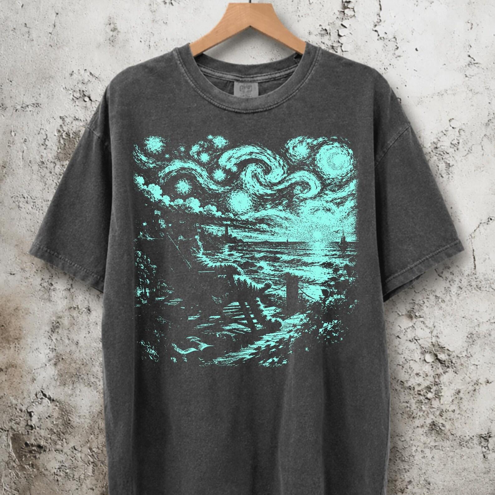Vintage Starry Night Ocean Shirt, Summer Black Cat, Van Gogh Style Coastal Landscape Tee, Celestial Beach Night Art Graphic S