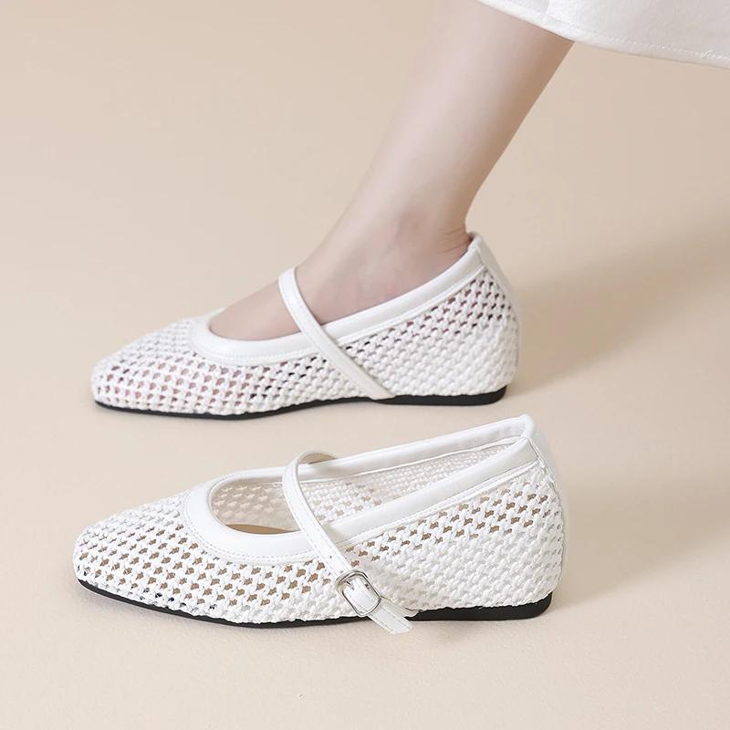 

Модные Ретро 2025 Новые Женские Повседневные Балетки Летние Балетки Мэри Джейн Квадратный Носок Сетка Ремешок с Пряжкой Удобная Однотонная Обувь с Мягкой Подошвой для Женщин 40