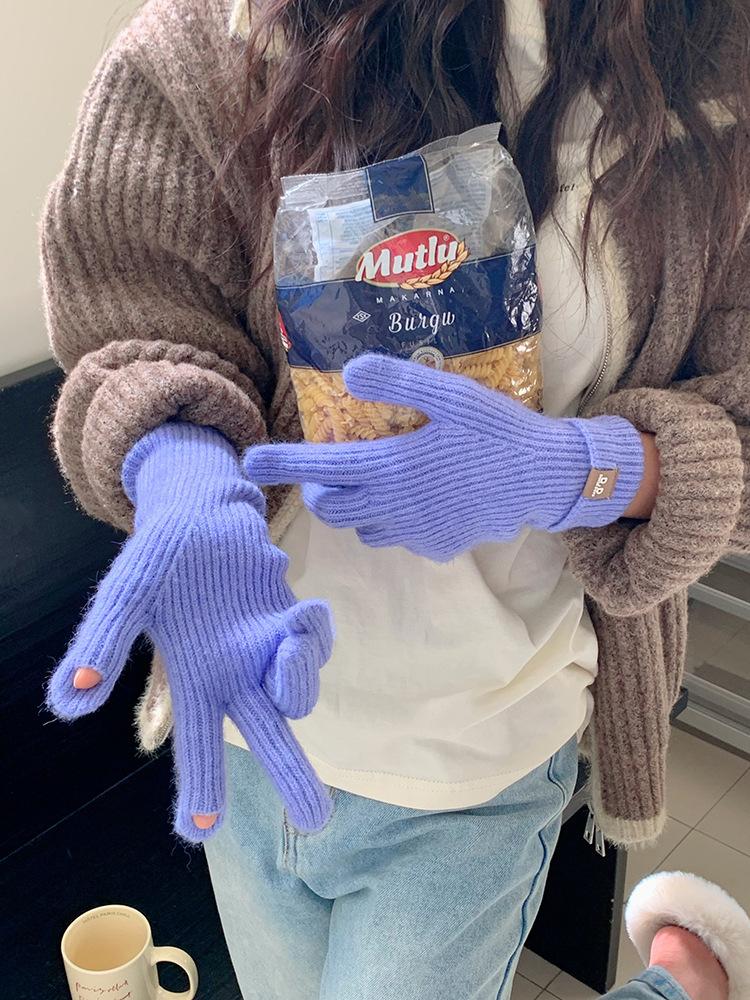 Extended Solid Color Versatile Knitted Gloves Female Student Finger Warm Gloves Male