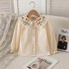 2-8Y Girls 100% Cotton Shirt Floral Embroidery Lace Lapel Puff Long Sleeve Button Down Soft Breathable Children Daily Tops