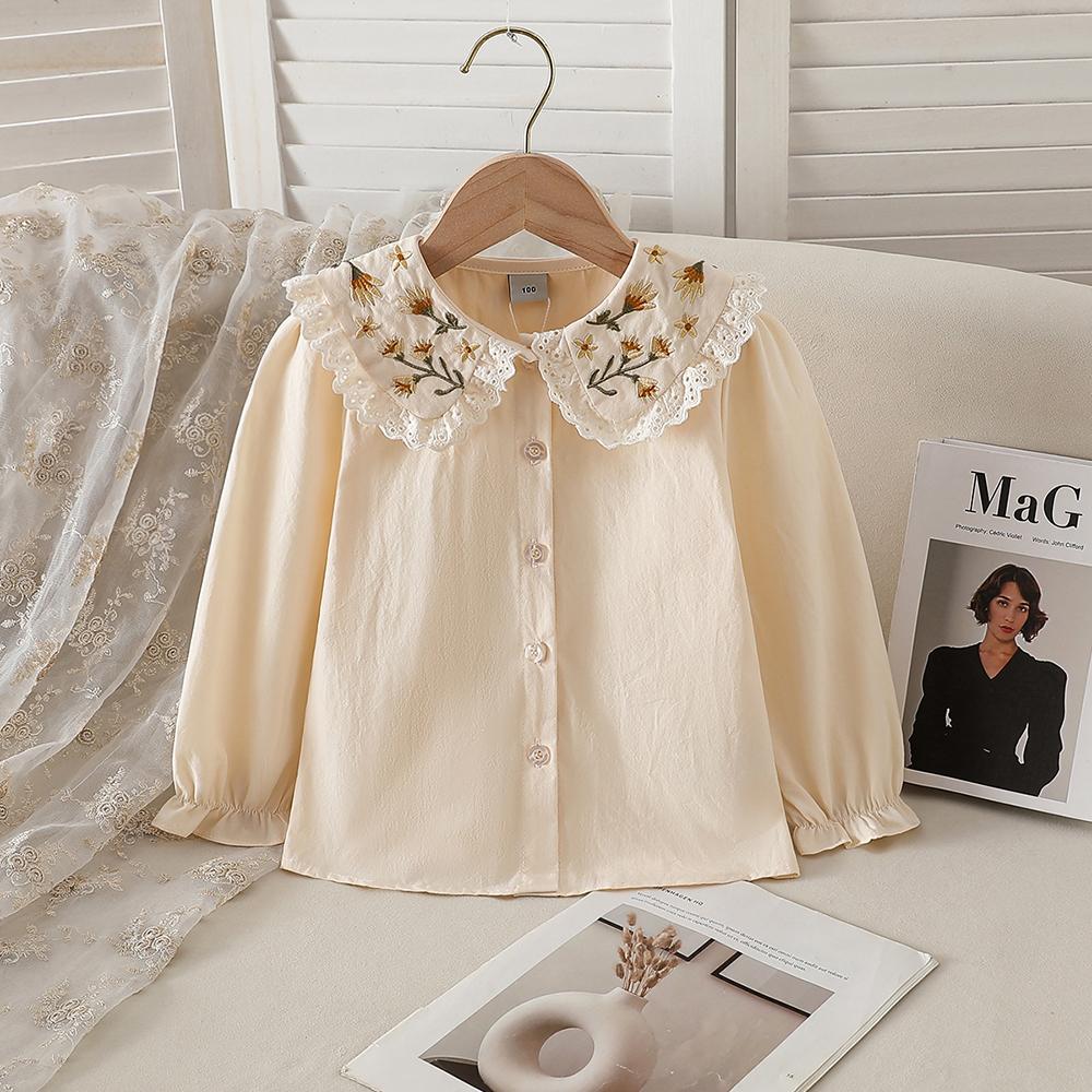 2-8Y Girls 100% Cotton Shirt Floral Embroidery Lace Lapel Puff Long Sleeve Button Down Soft Breathable Children Daily Tops