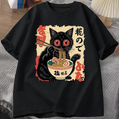 Vintage Japanische Schwarze Katze Ramen T-Shirts Niedliche Grafik Lustige Katze isst Ramen Druck Harajuku Kurzarm Lässig