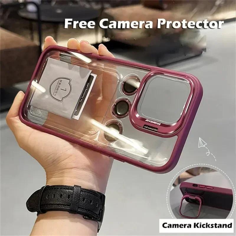 

Clear Lens Metal Ring Stand Phone Case For IPhone 16 15 14 13 12 11 Pro Max Plus Camera Glass Protection Transparent Cover For iphone14Plus