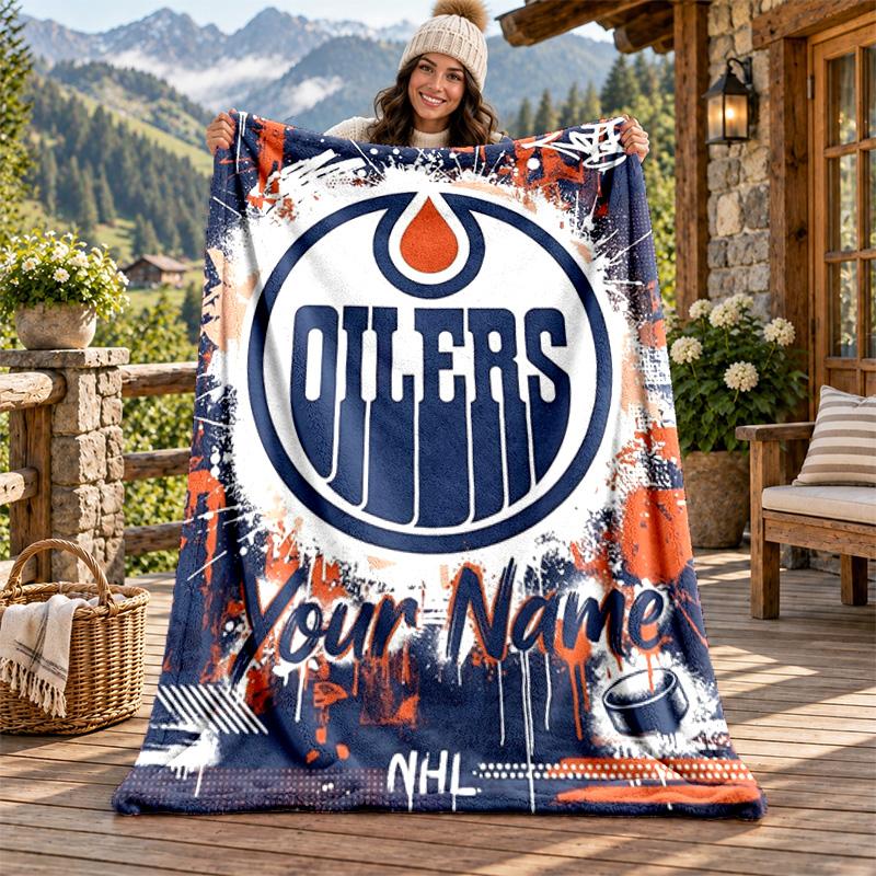 Edmonton Oilers Custom Name Flannel Blanket Personalized Soft Warm Plush Throw Blanket Customized Gift for Family Friends