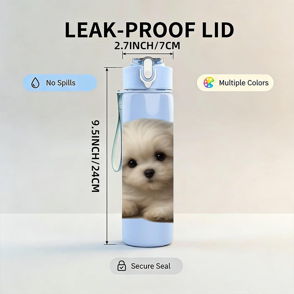 1PC Cute Fluffy White Puppy 750ml Color Plastic Sports Water Bottle Leakproof Flip Straw Lid Suitable for Sports Office Home Use