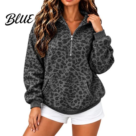 Long Sleeve Casual Top Women Leopard Print Hoodie, Oversized Half Zip Hooded Sweatshirt with Kangaroo Pocket, Fall Pullover