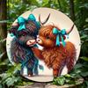 Cute Highland Cows With Turquoise Bows Tin Sign Vintage Durable Metal Plaque Wall Decor Farm Animal Home Office Wall Art