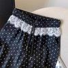 145 Petite Polka Dot High Waist Slimming Wide Leg Lace Trim Drawstring Pants for Women - Spring/Autumn Casual