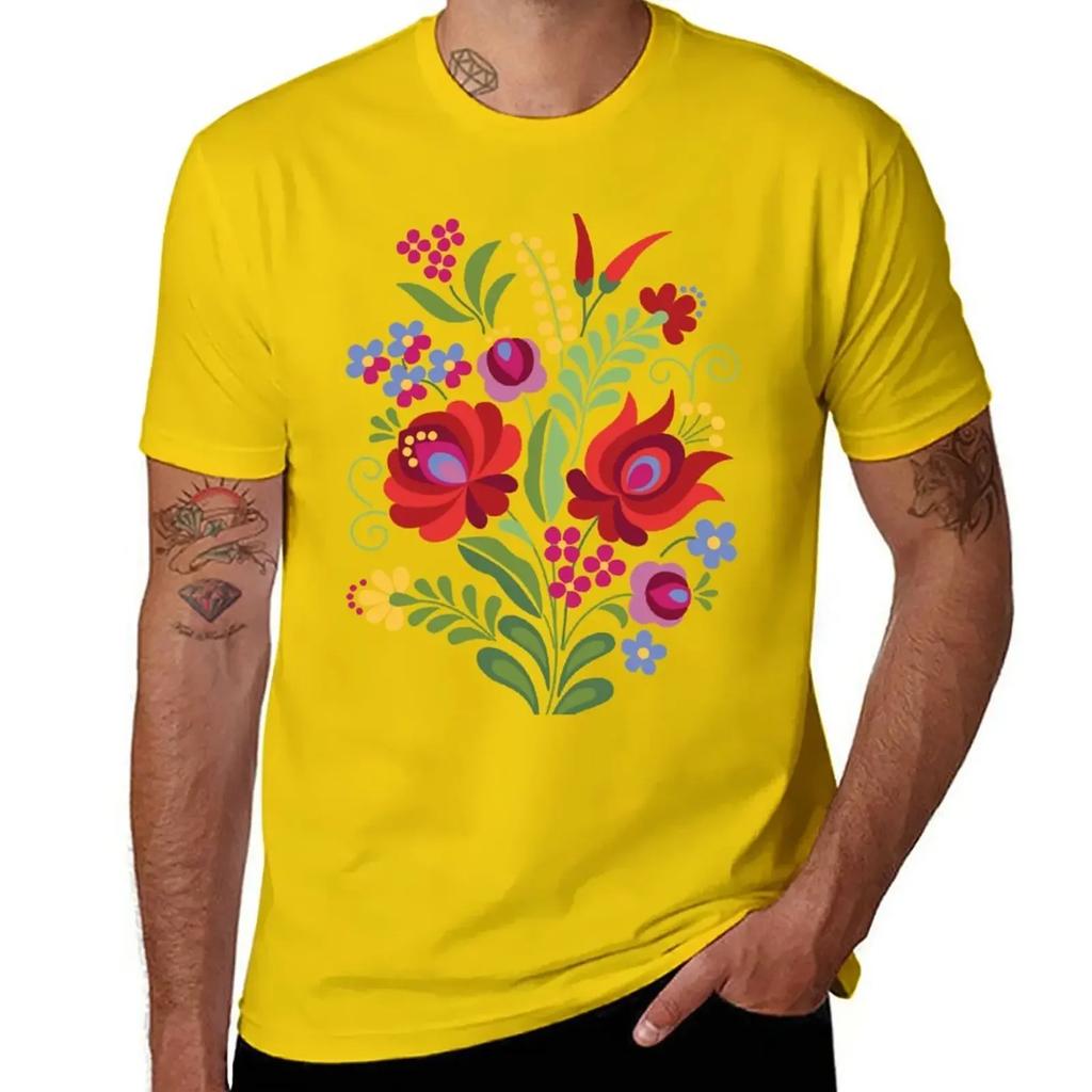 Hungarian Folk Design Red Peppers On White T-Shirt Korean Fashion Heavyweights Oversized T Shirts for Men