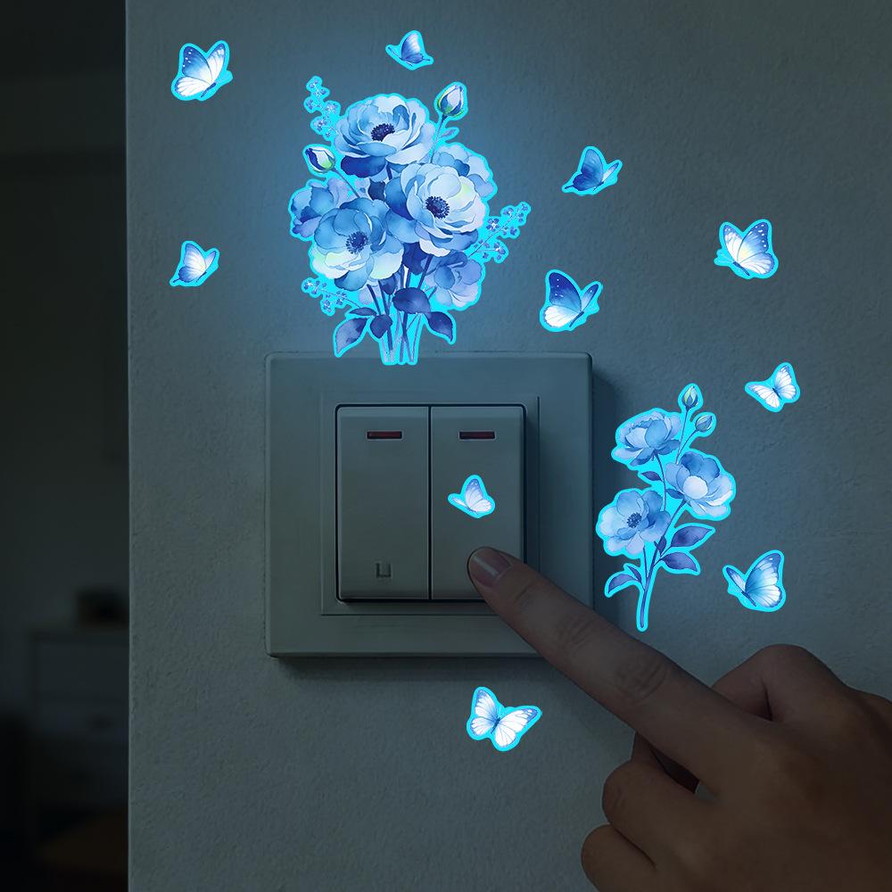 Nightlight Fresh Blue Flower and Blue Butterfly Living Room Home Wall Switch Stickers