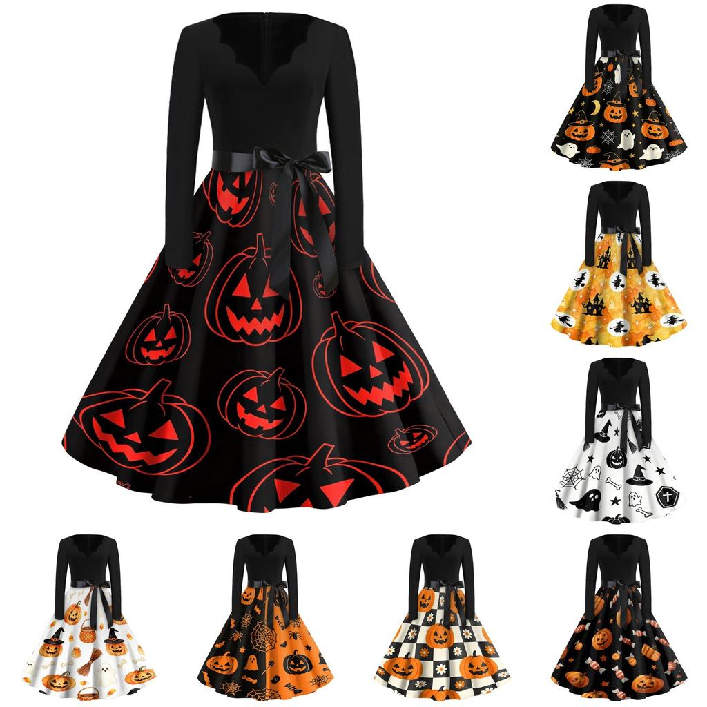 Womens Vintage V Neck Dress Halloween Print Long Sleeve Casual Retro Swing Dress with Waist Tie Belt and Flared Skirt for Party