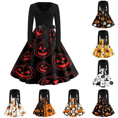 Womens Vintage V Neck Dress Halloween Print Long Sleeve Casual Retro Swing Dress with Waist Tie Belt and Flared Skirt for Party