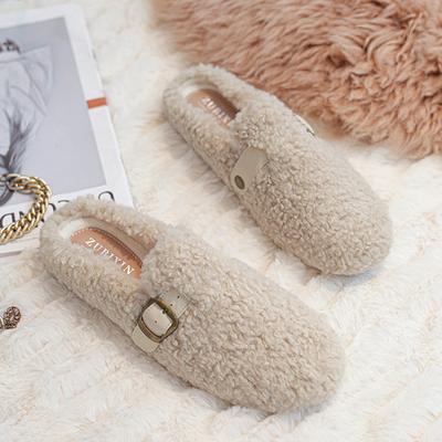 Famous Brand Lamb Fur Slippers Women Buckle Belt Furry Pantuflas Female Winter Slides Shoes Woman Lambwool Slippers Big Size 43