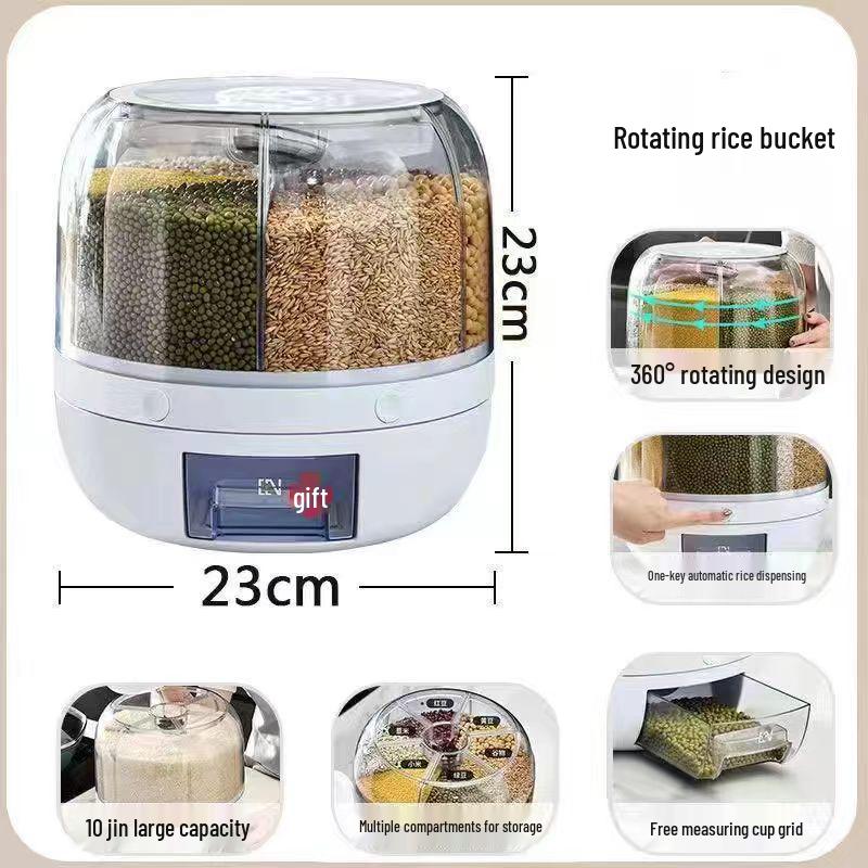 

Вращающаяся секционная банка для хранения риса и хлопьев - Пластиковый контейнер, защищенный от насекомых и влаги