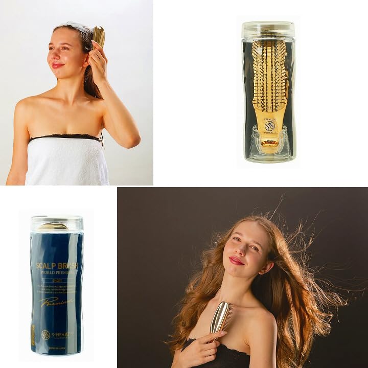 S-HEART-S World Premium Scalp Brush, Short Type, Gold, 572 Pins, Scalp Massage & Cleansing, Patented Scalp-Closing Design, Stand Included, Includes 13