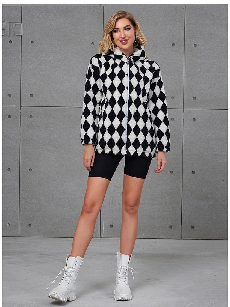 2022 European & American Women's Hooded Faux Fur Plaid Coat