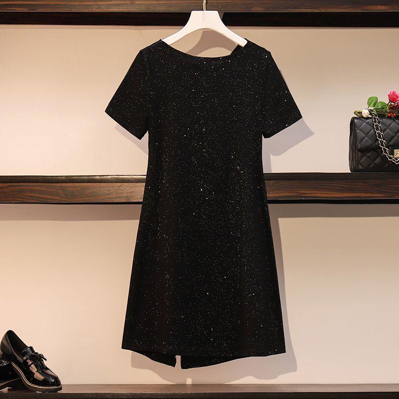 MMV Chubby Loose Split Short Sleeve Solid Color Black Dress