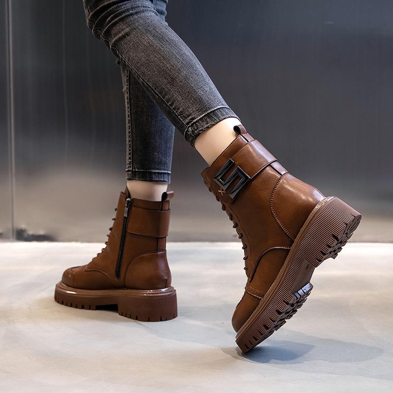 Autumn and winter new thick-soled medium-tube leather Martin boots women's velvet short boots thick-soled casual women's shoes
